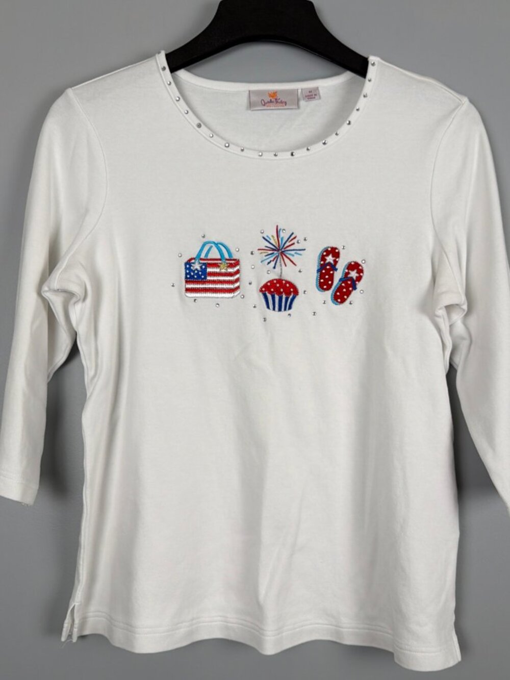 Quacker Factory Shirt Womens M White Patriotic Fourth of July Rhinestone Vintage